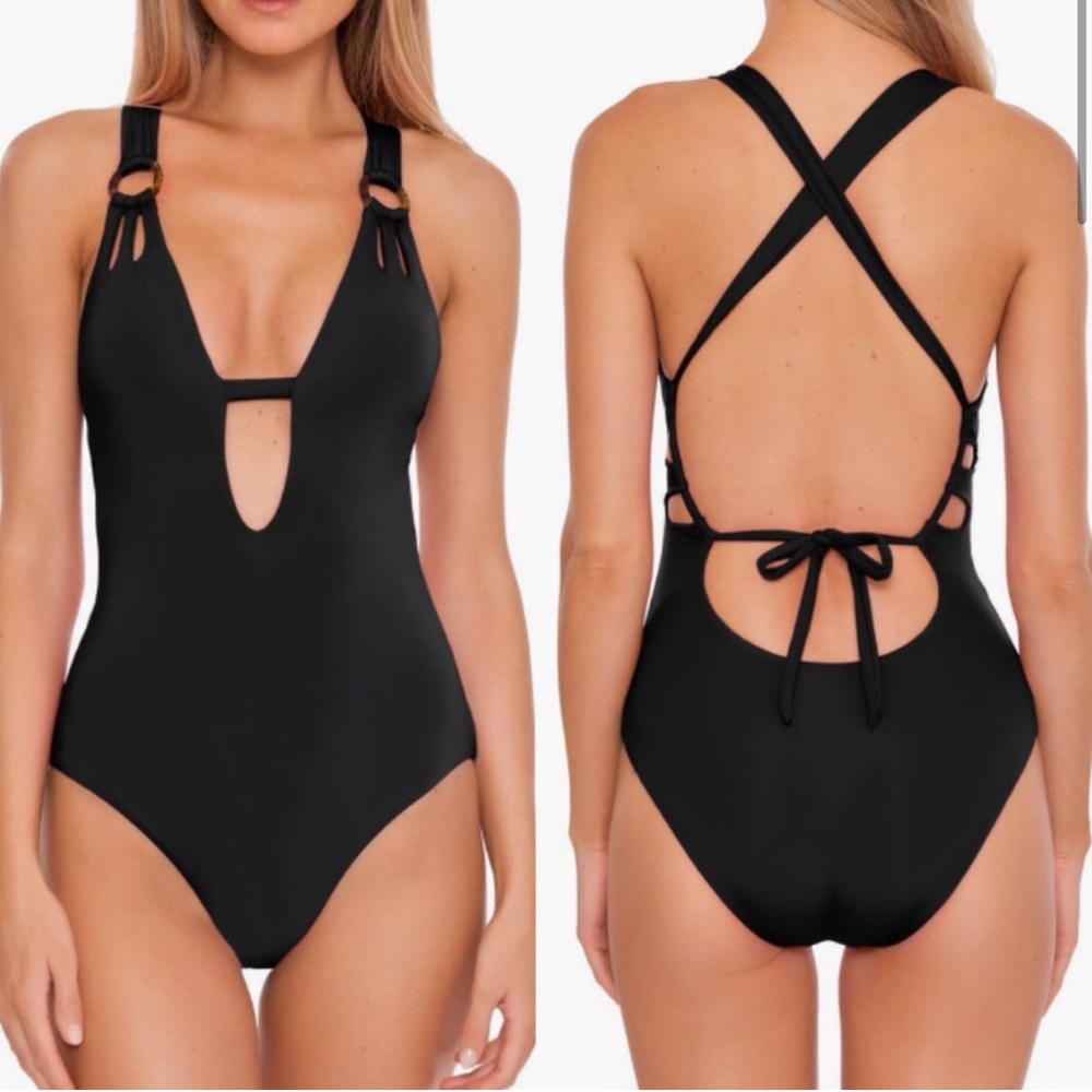 NEW BECCA Color Code Black Plunge One Piece Swimsuit! L